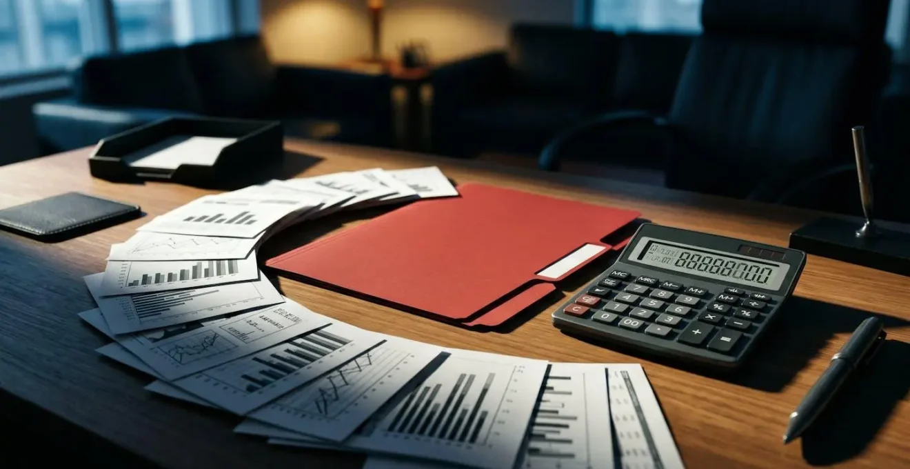 Bureau comptable avec documents fiscaux et calculatrice montrant des calculs complexes