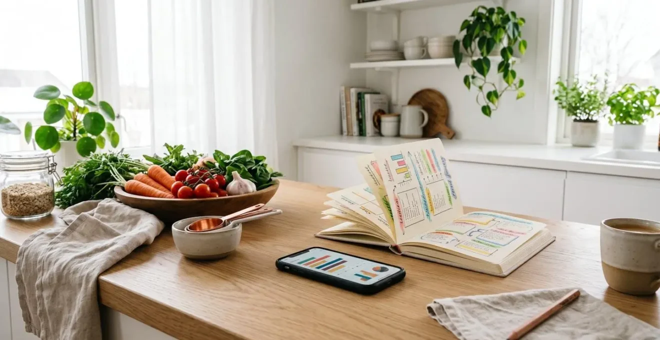 Carnet de suivi alimentaire avec graphiques de progression et aliments frais colorés