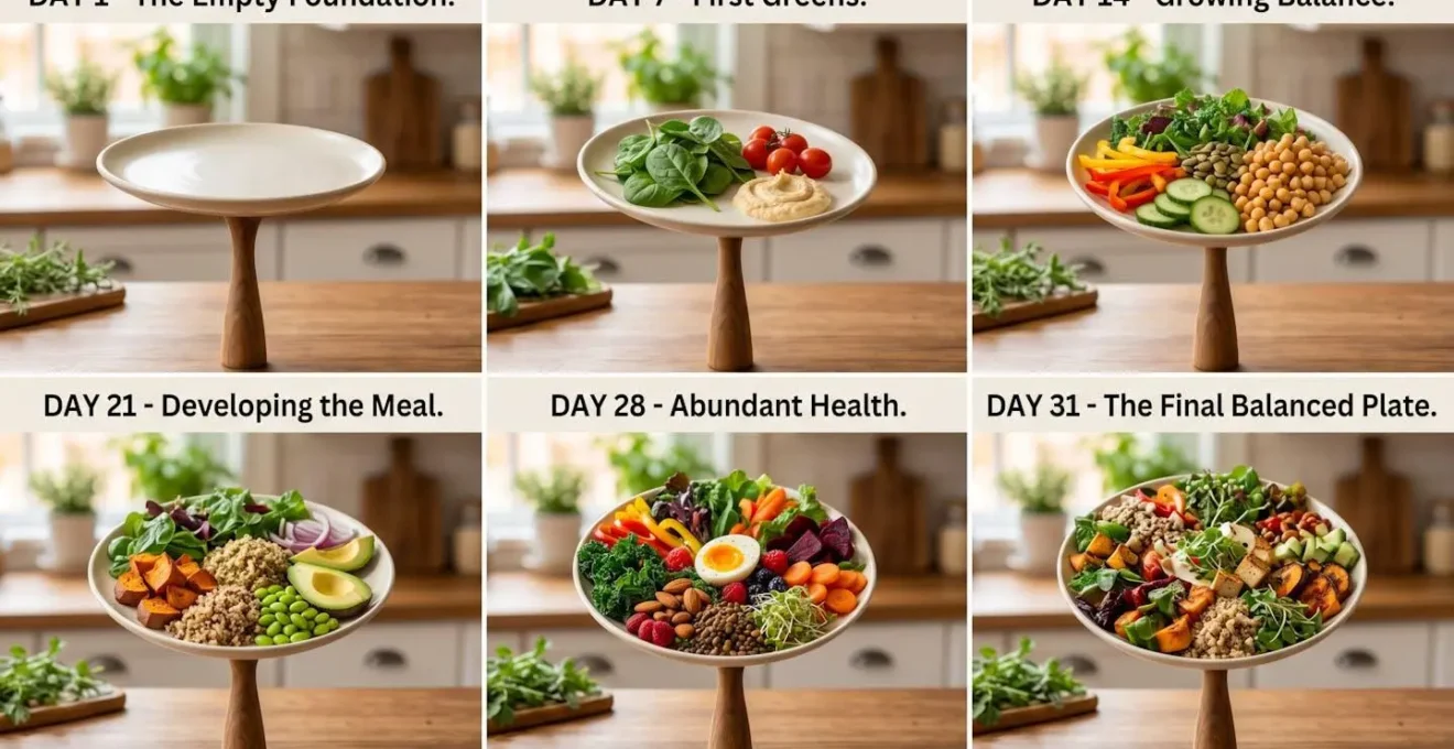 Progression visuelle d'une assiette s'équilibrant sur un mois, montrant l'ajout progressif de légumes et d'aliments sains.