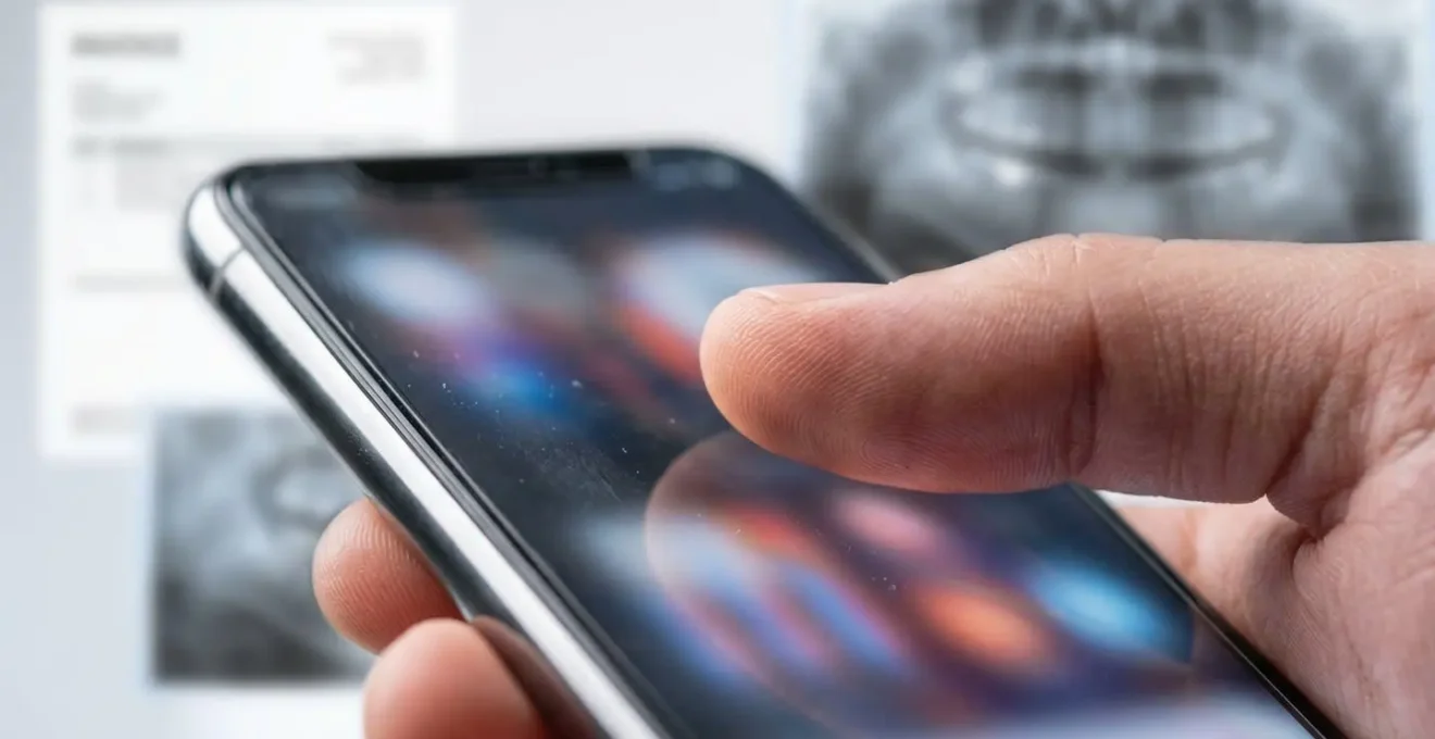 Main tenant un smartphone affichant une application de simulation de remboursement, avec des documents dentaires flous en arrière-plan.