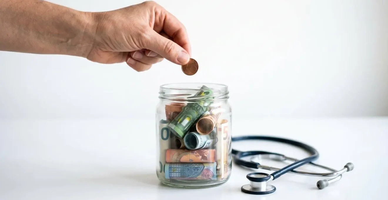 Main déposant une pièce dans une tirelire transparente remplie de billets avec un stéthoscope posé à côté, symbolisant l'épargne santé.