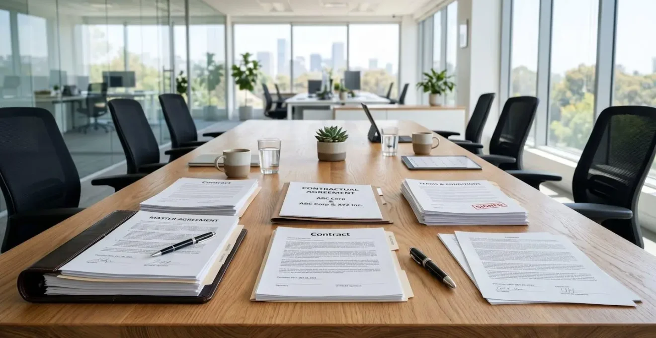 Vue environnementale d'un bureau épuré avec documents contractuels disposés sur une table en bois